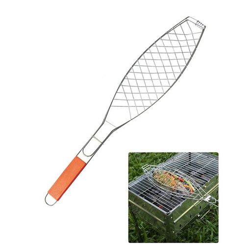 Fish Grill Basket + Outdoor Barbecue Grill Clip +Wood Handle