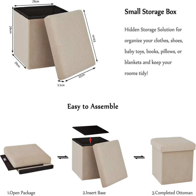 Folding Storage Ottoman Foot Rest & Stool Cream with Anti-Slip Mats and 660lbs Capacity