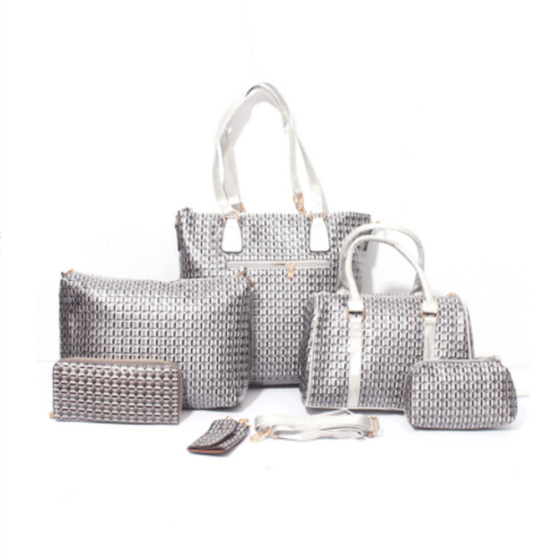 Luxurious Silver Leather Handbag Set 6Pcs