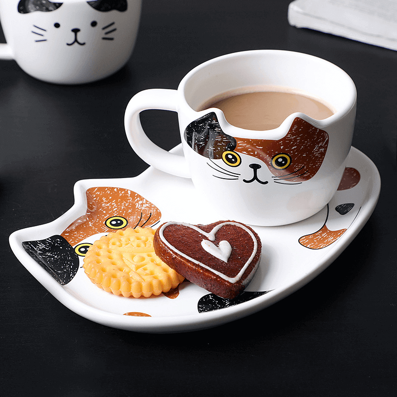 Ceramic Coffee Cup Sets Cartoon Cat Pattern