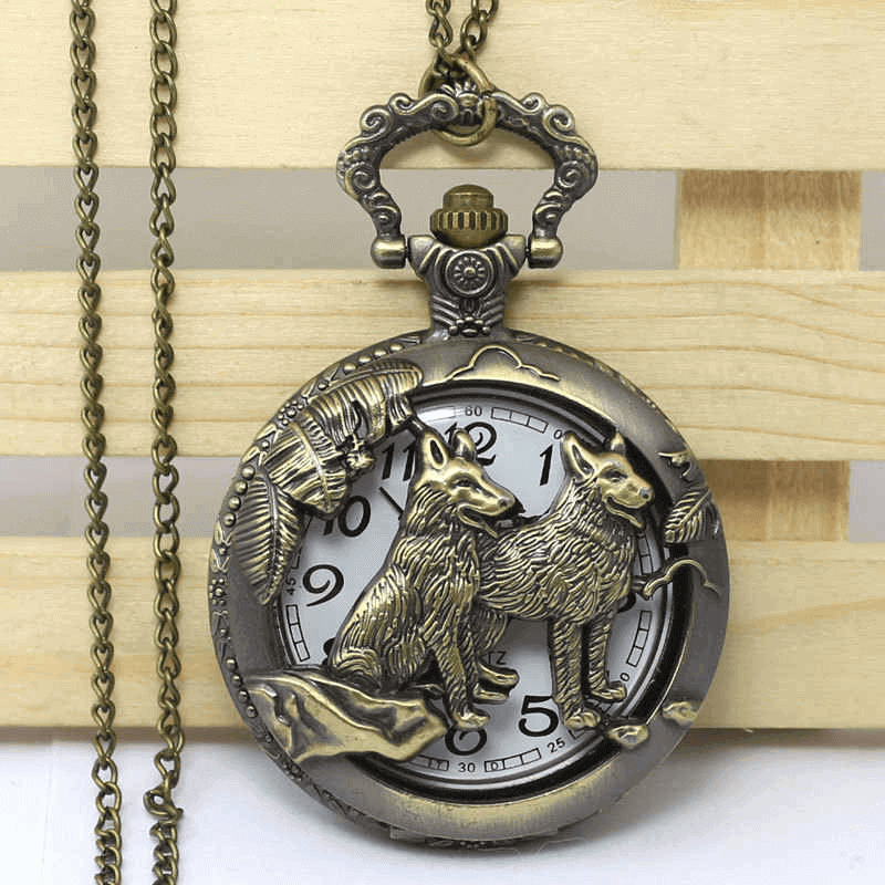 Antique Wolf Dog Pocket Watch with Chain