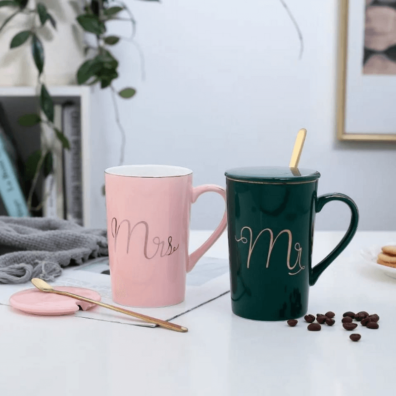 Mr Mrs Ceramic Mug with Spoon and Lid