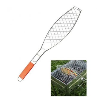 Fish Grill Basket with Burn-Proof Wooden Handle and Outdoor Barbecue Grill Clip