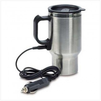 Heated Stainless Steel Car Coffee Mug with 12V Charger, USB, and No-Spill Lid