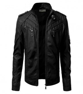 Men's Slim Fit Pu Leather Jacket M 10