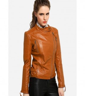 Women Slim Fit Mustered Pu Leather Jacket WM 1314