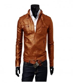 Men's Slim Fit Mustered Pu Leather Jacket MC 4