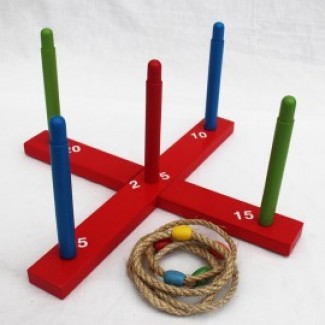 Wooden Throw Circle Game with Color-Coded Dowels, Braided Rope Rings, and Solid Wood Base