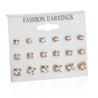 Square Rhinestone Stud Earrings - Pack of 9 Pairs Mix Design