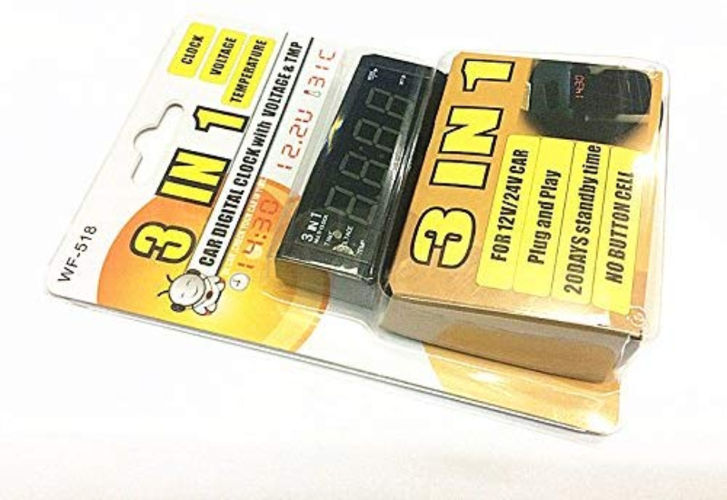 3 in 1 Car Digital Clock with Voltage, Amp, Temperature Display and USB Charging