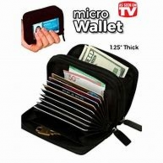 Micro Wallet Credit Card Holder with Two Zippered Compartments and ID Window