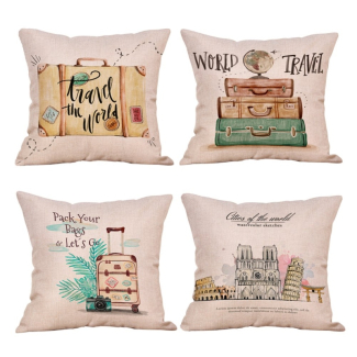 Handmade Cotton Blend Cushion Cover with Travel Theme and Envelope Closure Price in Pakistan | LAPTAB