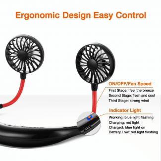 Mini Portable USB Rechargeable Neck Fan with LED Light, 3-Speed Hand-Free Cooling