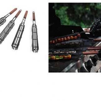 Kabob Basket for Grill with Wooden Handle, Non-Stick Iron, Rotating Cover, 1pc