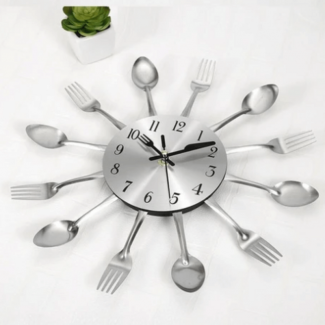 Silver Fork Spoon Kitchen Cutlery Wall Clock 