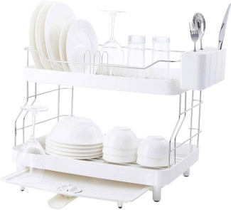 Double Tier Stainless Steel Dish Drying Rack with Rotatable Drainer Tray and Utensil Holder Price in Pakistan | LAPTAB