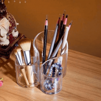 Cosmetic Makeup Organizer Acrylic Storage Box with 3 Cylindrical Compartments and Brush Holder Price in Pakistan | LAPTAB