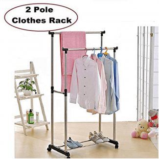 Stainless Steel Double Pole Clothes Rack with Adjustable Height and 4 Castor Wheels Price in Pakistan | LAPTAB