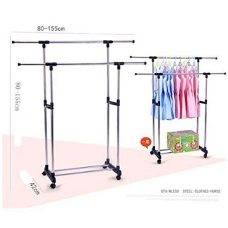 Stainless Steel Double Pole Clothes Rack with Adjustable Height and 4 Castor Wheels Price in Pakistan | LAPTAB