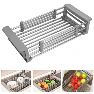 Expandable Over Sink Dish Drying Rack with Retractable Drainage Basket and Non-Slip Arms