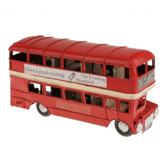 Handmade Double Deck London Bus Model, Retro Style Miniature Decor 26x8x12cm
