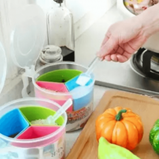 3in1 Transparent Spice Storage Box with 3 Compartments, Spoon, Food Grade Plastic Price in Pakistan | LAPTAB