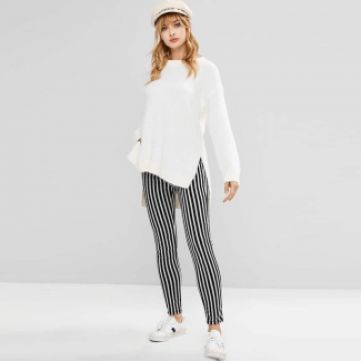 Women Trousers Black & White Broad Striped Leggings