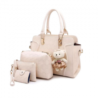 Cream White Leather Handbag 4pcs Set