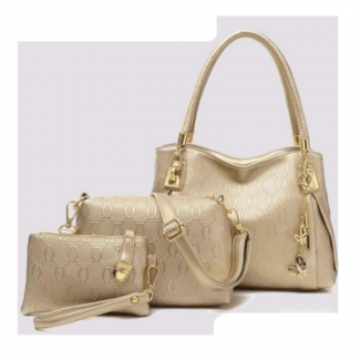 Golden Leather Handbag Set 3pcs