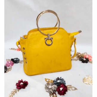Gold Handle Bright Yellow Leather Handbag 