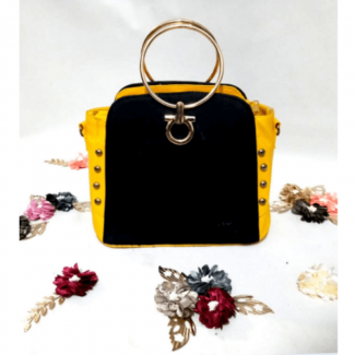 Gold Handle Black N Yellow Leather Handbag
