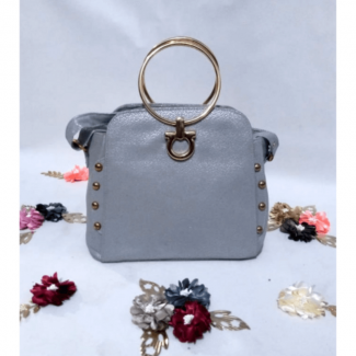 Gold Handle Shiny Grey Leather Handbag
