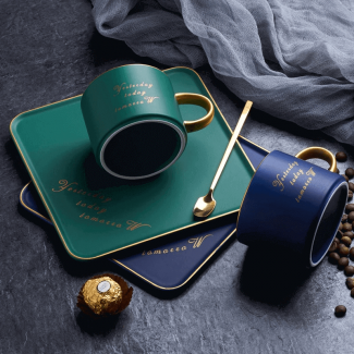 Luxurious Ceramic Coffee Mug and Saucer Set with Spoon, Eco-Friendly Porcelain