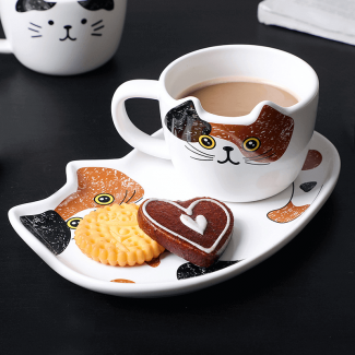 Ceramic Coffee Cup Set with Cartoon Cat Pattern, Includes Plate, Durable Porcelain