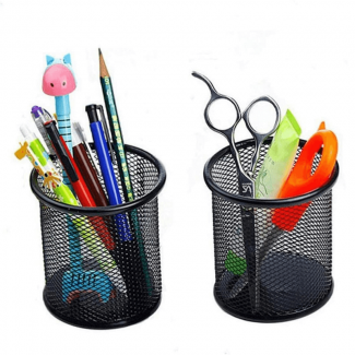 2Pc Black Metal Mesh Pen Holder Set, Anti-Rust Office Desk Organizer, 3.4