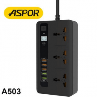 ASPOR EU LCD IQ Power Socket A503 with 3 Sockets, 5 USB Ports, 2A Fast Charging, 200cm Cable Price in Pakistan | LAPTAB