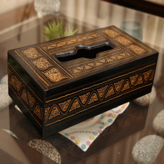 Tissue Box with Golden Lacquer Work and Calligraphy, Natural Wood Color, Elegant Design Price in Pakistan | LAPTAB