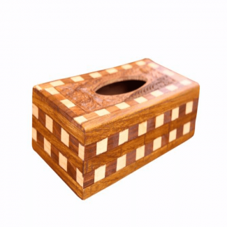 Sheesham Wood Tissue Box with Netting and Engraving, Natural Finish for Home or Office