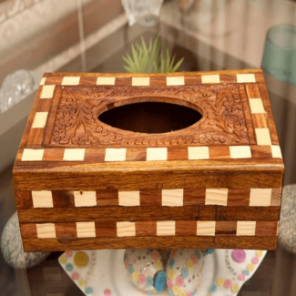 Sheesham Wood Tissue Box with Netting and Engraving, Natural Finish for Home or Office Price in Pakistan | LAPTAB