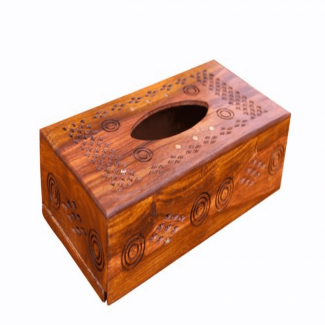 Sheesham Wood Tissue Box with Netting and Engraving, Natural Finish, Elegant Design