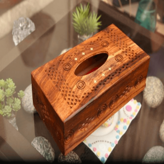Sheesham Wood Tissue Box with Netting and Engraving, Natural Finish, Elegant Design Price in Pakistan | LAPTAB