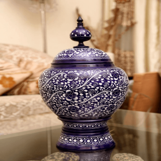 Handmade Wooden Blue Pottery Candy Jar with Calligraphic Lacquer Design, Medium Size Price in Pakistan | LAPTAB