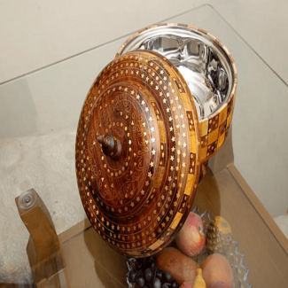 Handmade Wooden Hotpot with Brass and Copper Engraving, Steel Lined Interior for Chapattis and Rice Price in Pakistan | LAPTAB