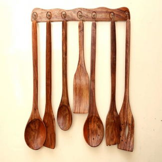 7-Piece Handmade Sheesham Wood Cooking Spoon Set with Hanger and Engraved Designs