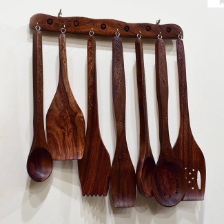 7-Piece Handmade Sheesham Wood Cooking Spoon Set with Hanger and Engraved Designs Price in Pakistan | LAPTAB
