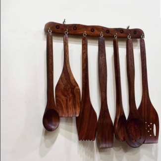 7-Piece Handmade Sheesham Wood Cooking Spoon Set with Hanger and Engraved Designs Price in Pakistan | LAPTAB