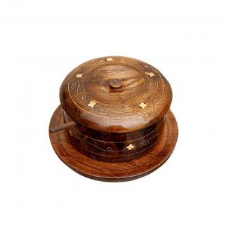 Wooden Sugar Pot with Brass Engraving and Spoon, Sheesham Wood, Polished Finish