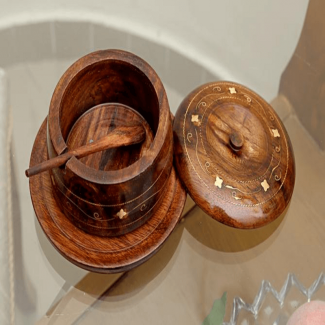 Wooden Sugar Pot with Brass Engraving and Spoon, Sheesham Wood, Polished Finish Price in Pakistan | LAPTAB