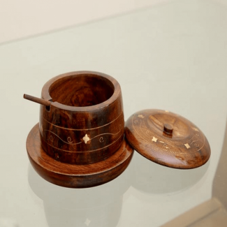 Wooden Sugar Pot with Brass Engraving and Spoon, Sheesham Wood, Polished Finish Price in Pakistan | LAPTAB
