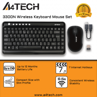 A4TECH 3300N Mini Wireless Keyboard and Mouse Combo with 4-Way Scroll and 10m Range Price in Pakistan | LAPTAB